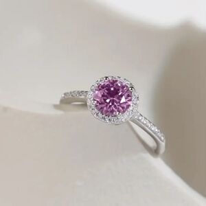 Pink 1ct Moissanite Lab Diamond Ring, Size 7, Silver